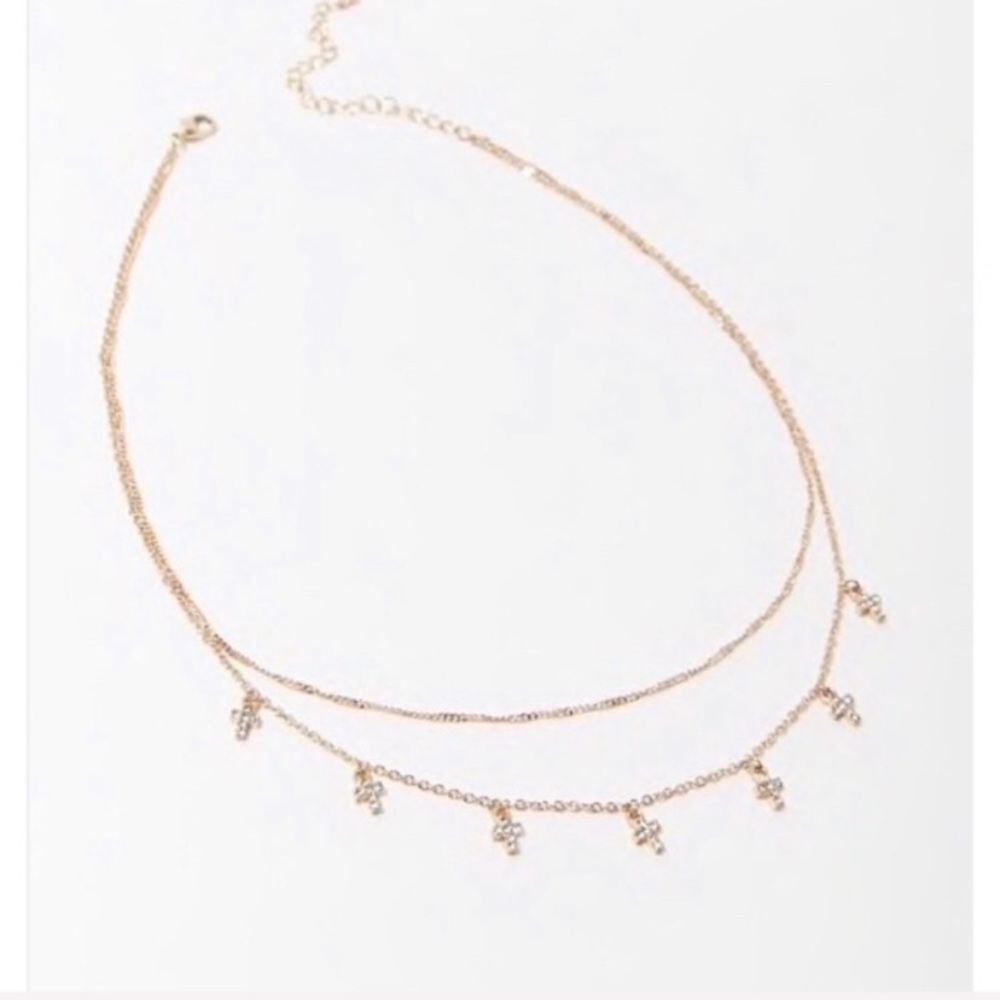 Charm Cross Double Chain Necklace Rhinestone - Picture 3 of 12